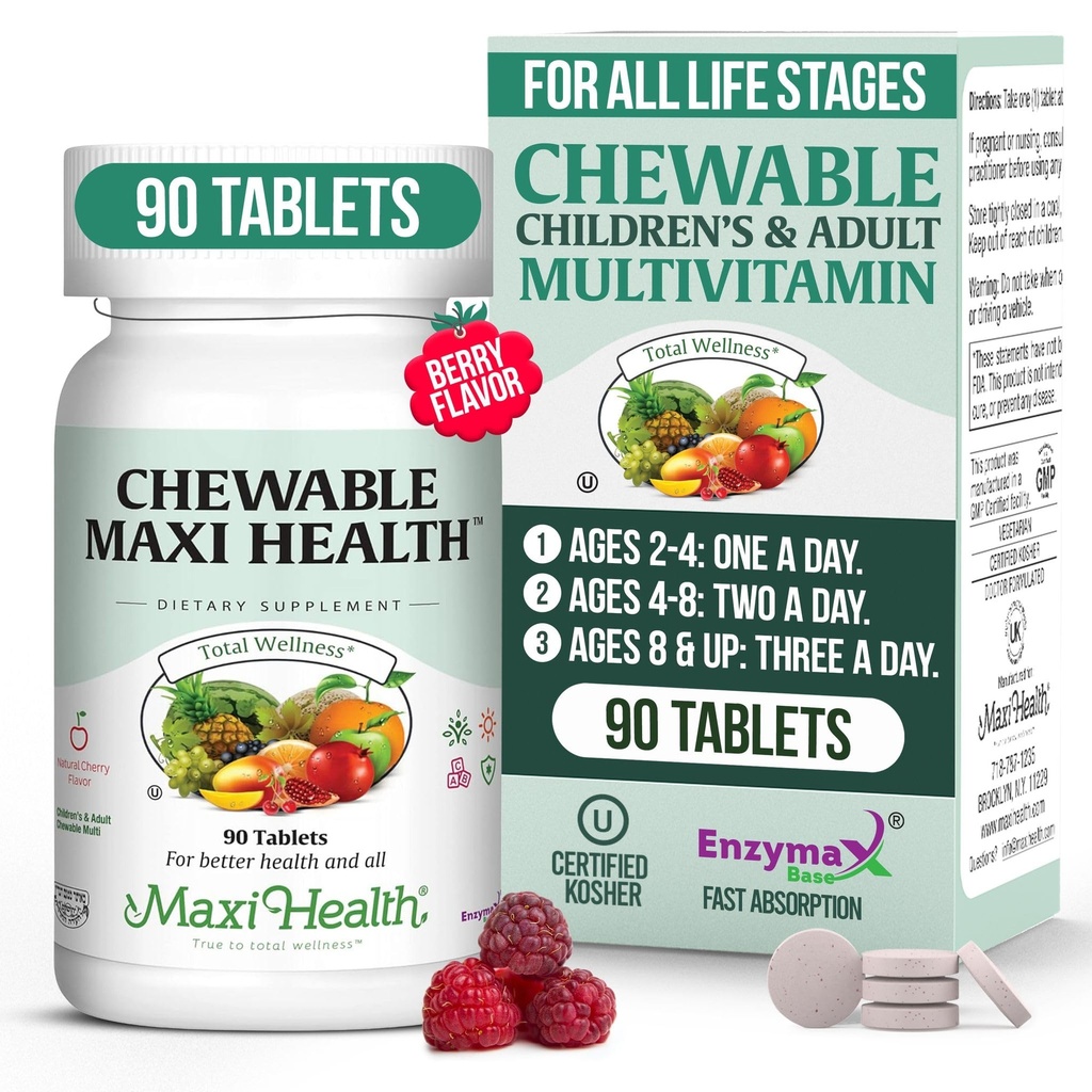 Maxi Health närimistable multivitamiini lastele, teismelistele ja täiskasvanutele - Kirss närimistable vitamiinid täiskasvanutele ja lastele - Kosher Kids Multivitamiin + Raud (90 tabletti)