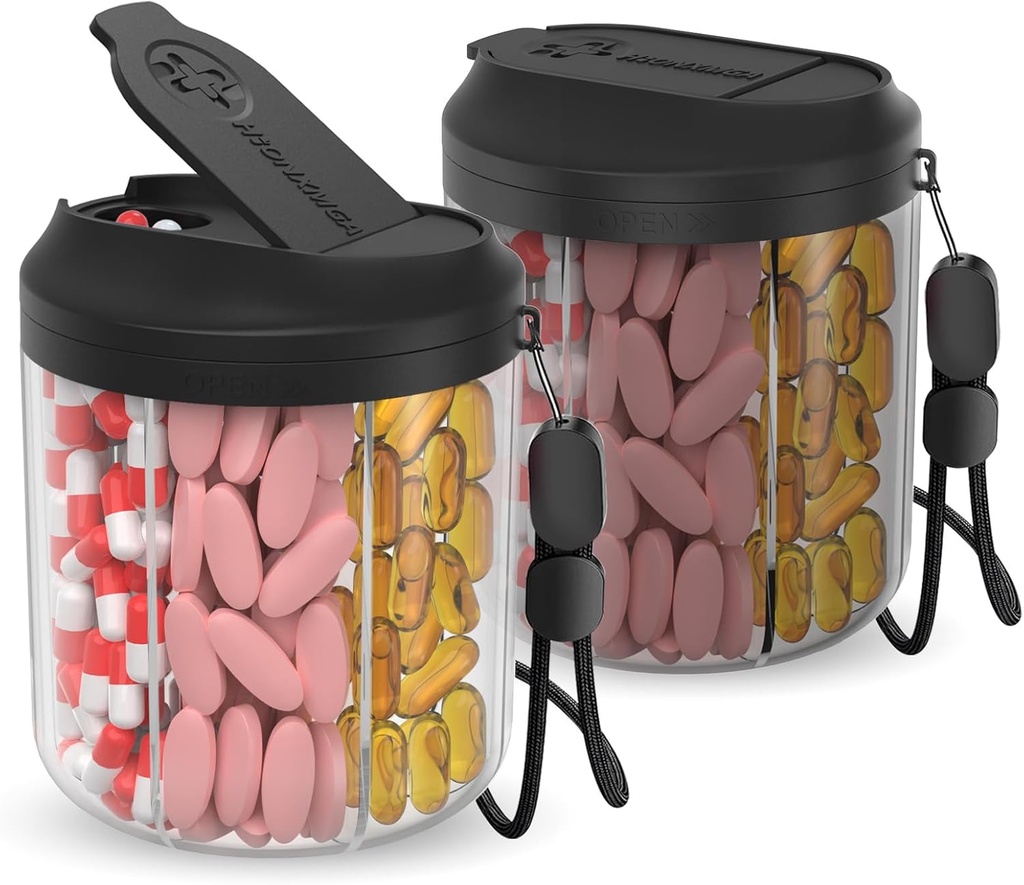 Pill Dispenser 7 suure koosseisuga, Pill Pudeli Korraldaja Reisimiseks, Lisa Korraldaja Anti-Mixing Design, BPA-Free Pill Konteiner 20 Tcs Sildid, Must 2 Tk