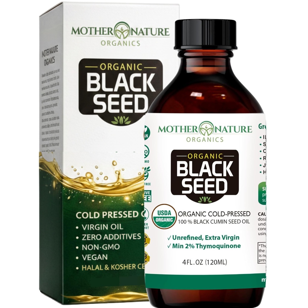 Emake loodus USDA orgaaniline musta seemne õli - külmpressitud, rafineerimata ja Vegan Nigella Sativa, kõrge tümokinoon (2% +), Omega 3 6 9 immuunsuse, liigeste ja südame tugi, juuksed ja nahk, mitte-GMO, 4oz