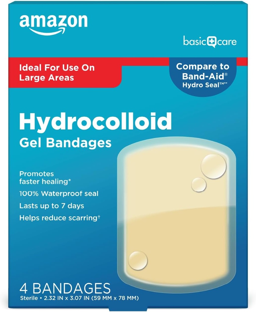 Amazon Basic Care Advanced Fast Healing Hydrocolloid Gel Bandings, Suur Haava Kleitmine, 4 Ct