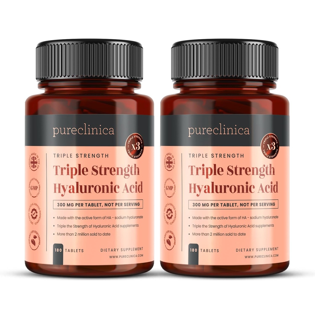 pureclinica Hüaluroonhape 300mg x 360 tabletti (2 pudelit 180-12 kuud tarne). Kolmekordne tugevus hüaluroonhape. 300% tugevam kui ükski teine HLA tablett.