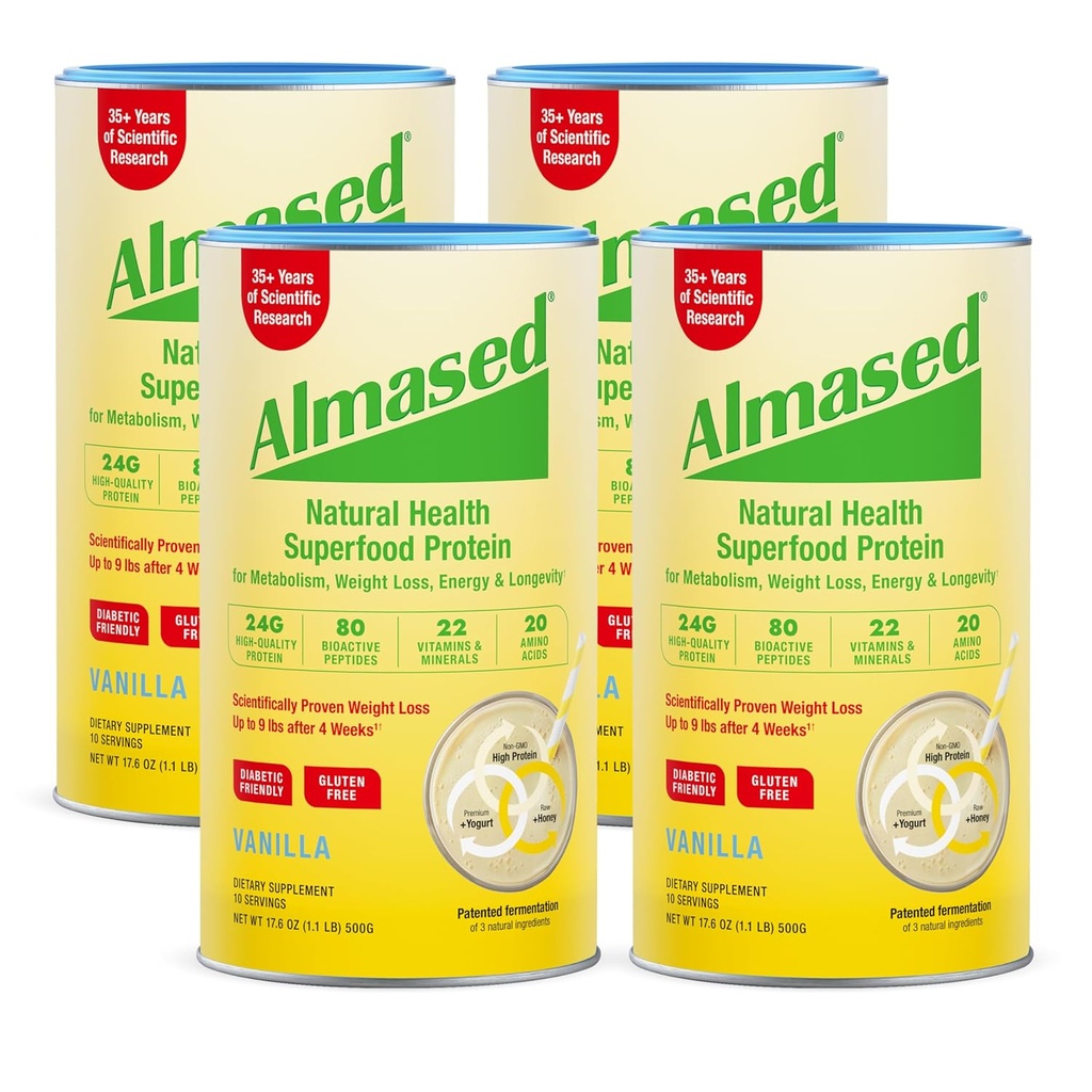 Almased Vanilla Meal Asenduskoks - Madal-glütseemiline Kõrge Taimebaas Valgupulber- Toitumisalane Kaalutervise Täiendavad - Vanilla Flavor - 17,6 oz (1,1 naela (4 Pack)