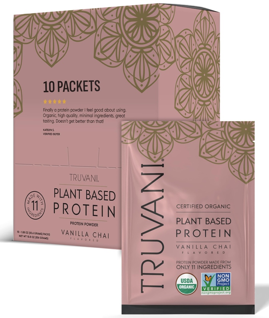 Truvani Vegan Peavalgupulber | Vanilla Chai | 20g Orgaaniline Taimne Valk | Ühe serveeritavad reisipaketid | 10 Servingut | Keto | Gluteen & Piimavaba | Madala süsivesikusisaldusega | Suhkrulisandita