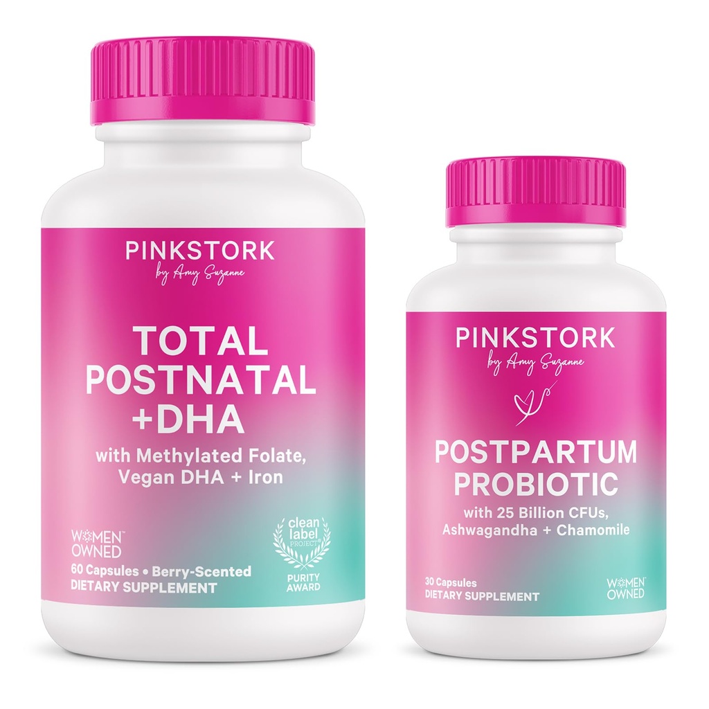 Roosa Stork postnataalne multivitamiin + probiootikumid Vegan DHA, Ashwagandha, Raud, Folaat, B12 - toetab hormoonide tasakaalu, sünnitusjärgset taastumist, soolestiku tervist ja seedimist - pakett 2