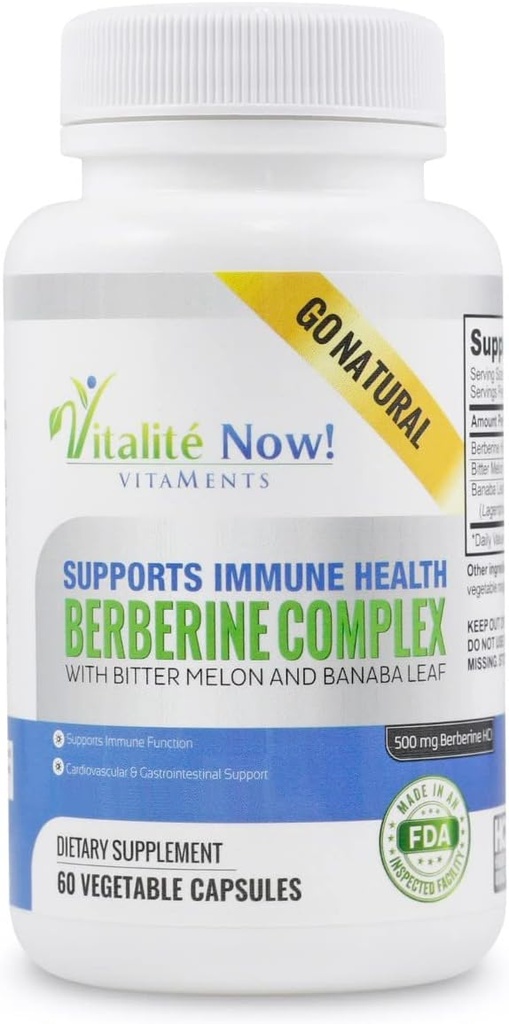 High Strength Berberine 500mg + Bitter Melon & Banaba - Immune System Health - Cardiovascular & Gastrointestinal Support - 60 Vegetarian Capsules