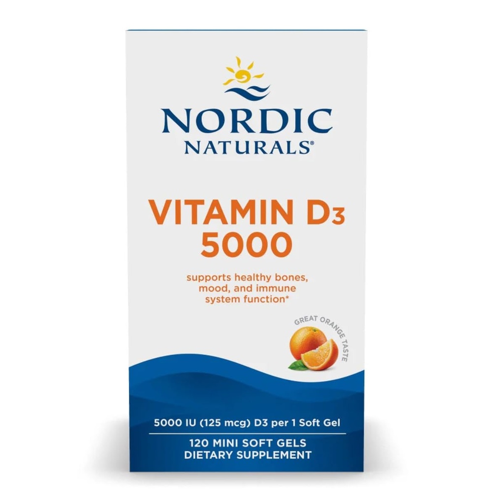 Nordic Naturals Vitamiin D3 5000, Orange - 120 Mini Soft Gels - 5000 IU Vitamiin D3 - toetab tervislikke luid, meeleolu ja immuunsüsteemi funktsiooni - Non-GMO - 120 Servings
