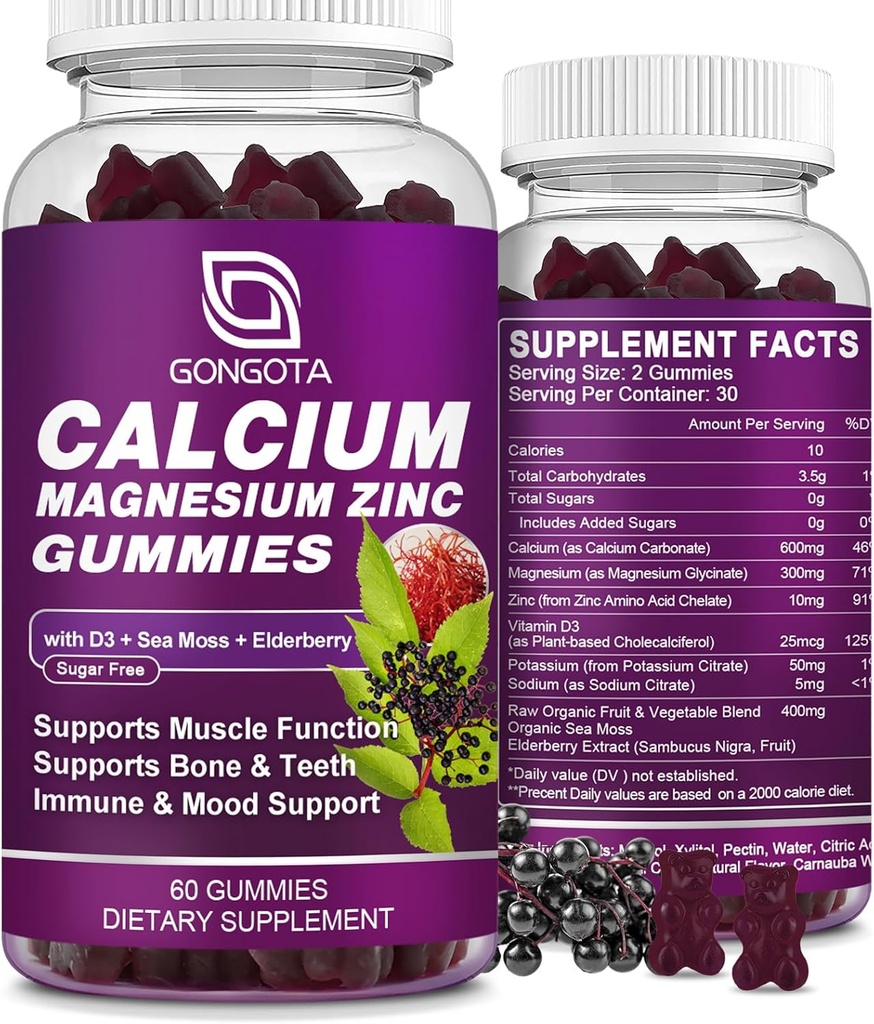 Kaltsiummagneesium tsink D3-vitamiini lisandiga, väga imenduvad kaltsiumkummid 300 mg magneesiumglütsinaadiga, luu ja hambad, täiskasvanute ja teismeliste lihased, suhkruvaba, vegan - 60 loend