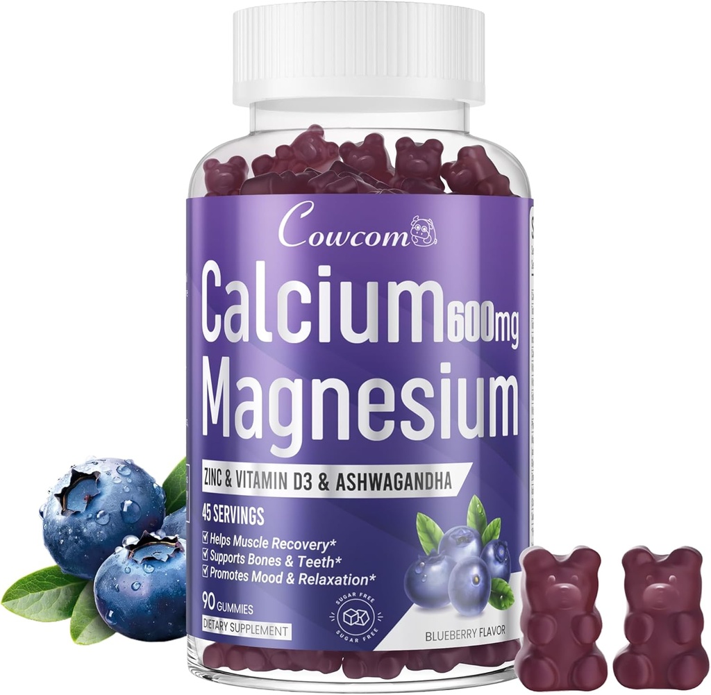 Kaltsium Magneesium Tsink Gummies & Vitamiin D3, B6, B12, Immune & Toetav Luu Tervis Kaltsium Magneesium täiendus Naistele Mehed, Suhkruvaba Vegan Mustika Maitsestatud 90