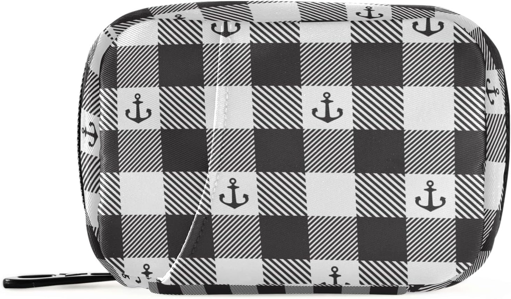 Must ja valge Plaid Anchor Pill Box 7 Day Pill Case Travel Pill Korraldaja kott koos Zipper Portable Weekly Case Compact Suurus Vitamiini täienduse hoidja