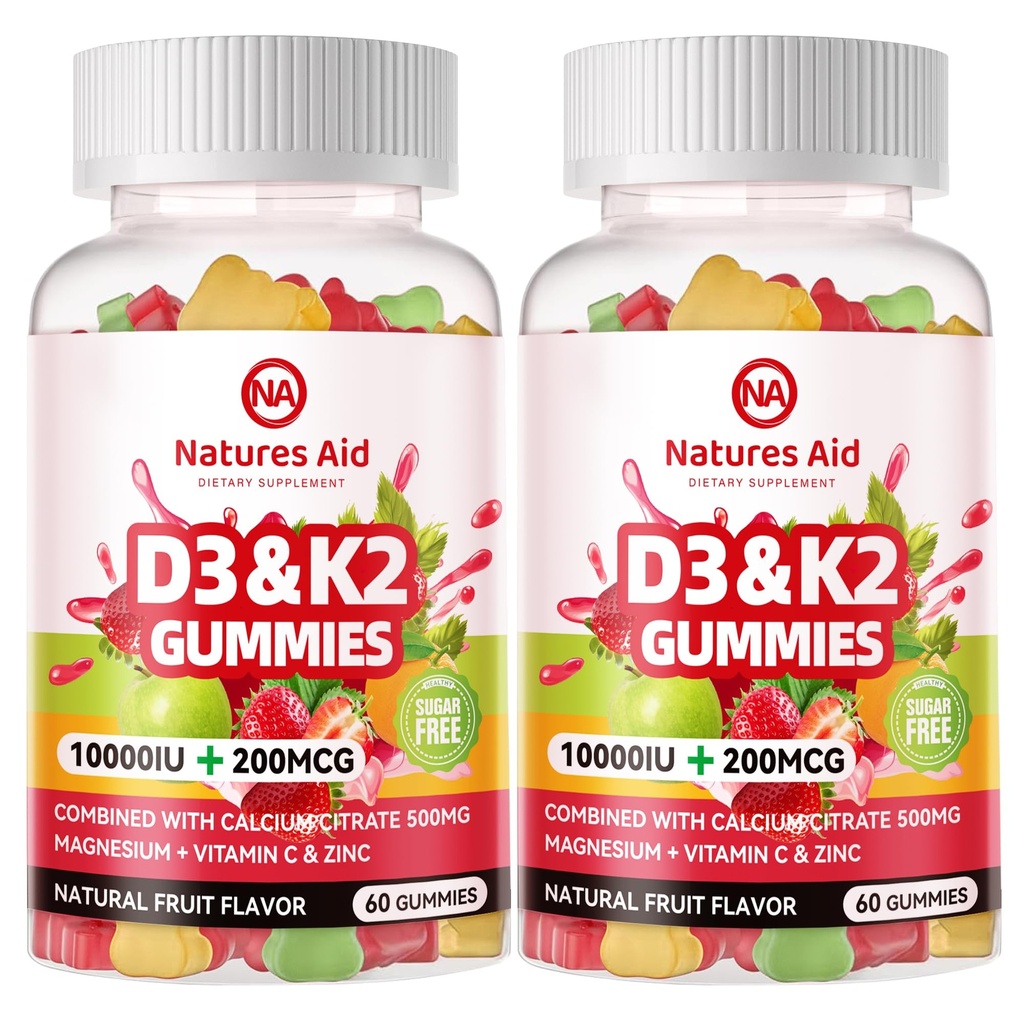 Loodused Aid Suhkruvaba D3 K2 Vitamiin Kummid Kaltsium + K2 (MK-7), Magneesiumtsitraat, C-vitamiin, ekstra tugevus - Ultimate Absorbtion Luu lihashammaste Immune, Vegan - 120 Gummies