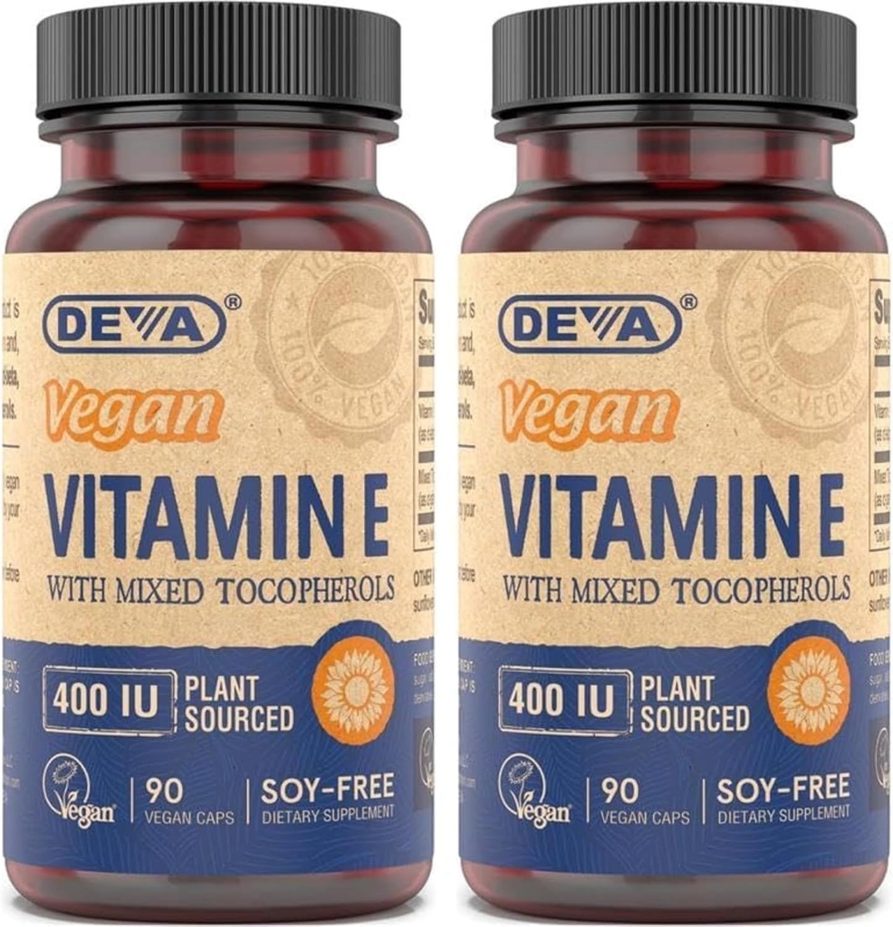 DEVA Vegan Natural Source Vitamiin E 400IU segatud tokoferoolidega, Sojavaba – 90 Veg Caps (2. pakk)