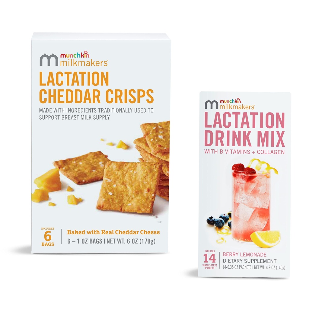 Munchkin® Milkmakers® Imetamisjoogi segu lisand B-vitamiini ja piimaohakaga, 14 loend ja imetamine Cheddar krõpsud imetavatele emadele kaera ja linaga, 6 loend