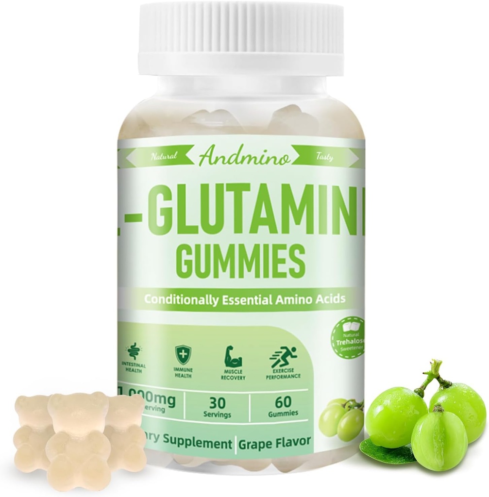 L-Glutamiinkummies 1000 mg, koos trehaloosiga, L glutamiinilisandiga soolestiku tugi, immuunsüsteemi tugevdamine ja lihaste tervis, täiskasvanutele ja lastele, mitte-GMO, vegan, gluteenivaba, viinamarjamaitse, 60
