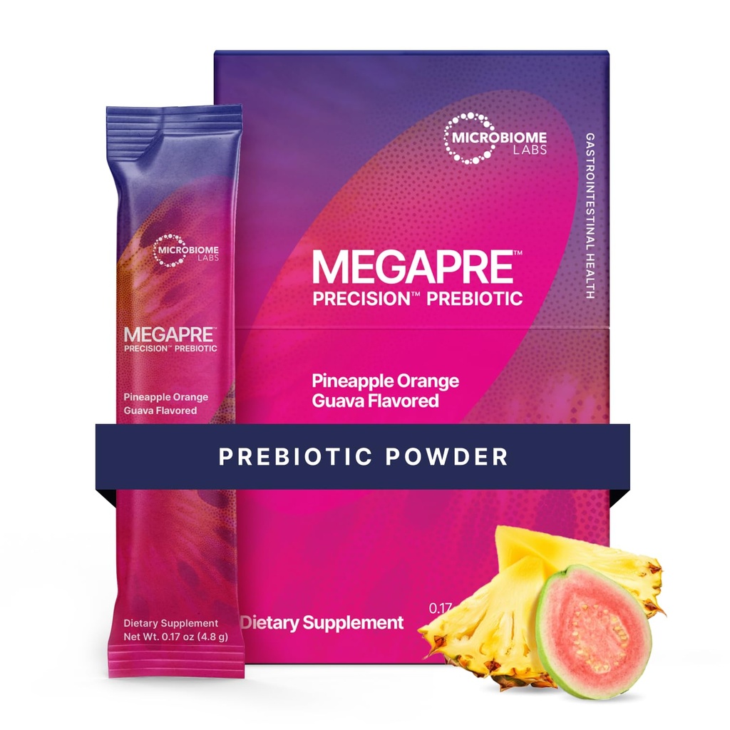 Microbiome Labs MegaPre Prebiootiline Fiber Pulber naistele, meestele ja lastele - Pre-dosed Prebiootiline Fiber Supplement Pulber kliiniliselt testitud oligosahhariidid - Ananass Orange Guava (30 joogipakendit)