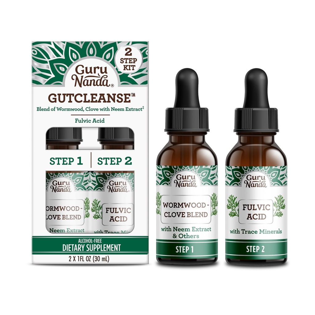 GuruNanda Gutcleanse 2-Step Kit - Toidulisand, mis aitab seedimist - Fulvic Acid, Wormwood, Clove & Neem Extract, 2x1 FlOz