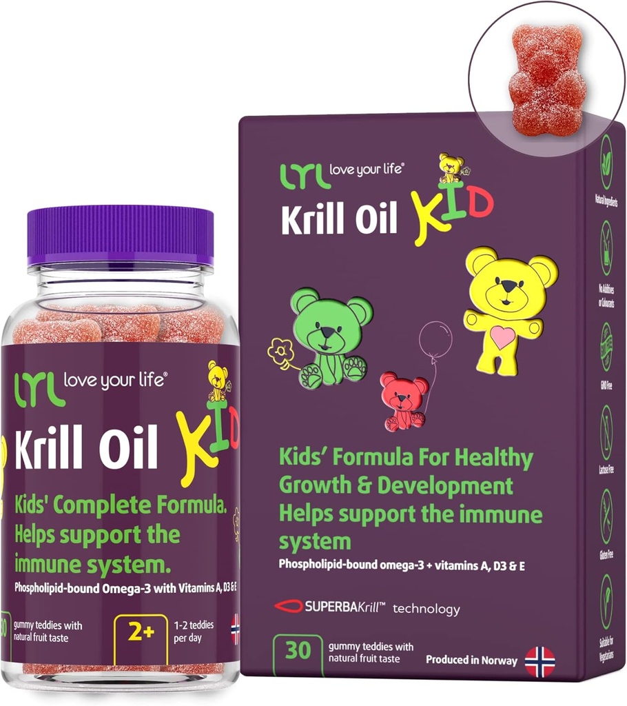 LYL Krill Oil Kid Gummy Bears vitamiin D 3, vitamiin E ja vitamiin A - fosfolipiid-Bound Omega 3 tervislikuks kasvuks ja arenguks - kummikarud apelsini, õuna ja vaarikate maitsega (pakk 30)