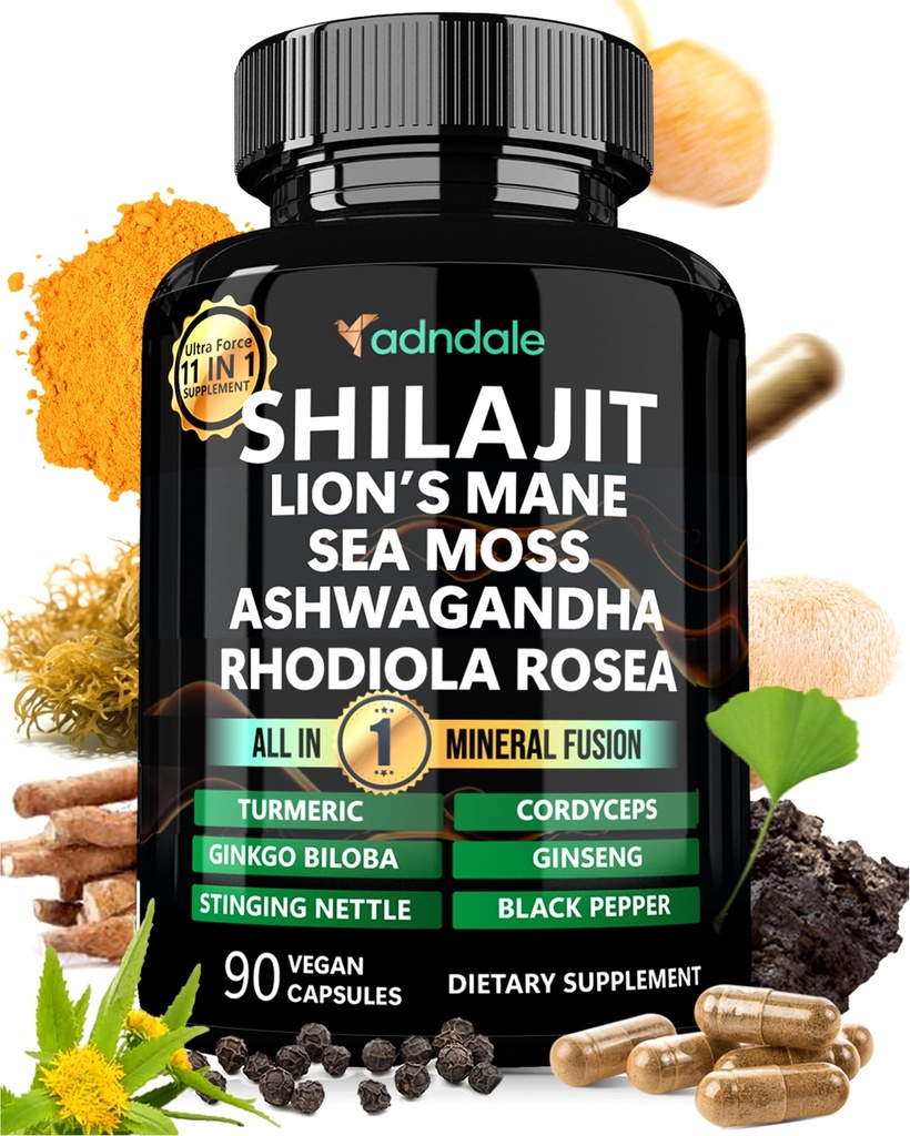 Adndale Shilajit meestele ja naistele. Pure Himalayan Organic Shilajit kapslid Sea Moss Ashwagandha Rhodiola Rosea Lõvi Mane. 90 Count