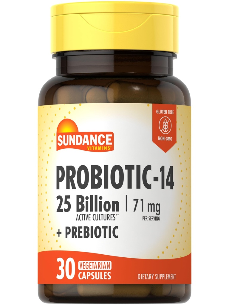 Sundance Probiootikum-14 | 25 miljardit kultuuri | 30 kapslit | prebiootikumidega | taimetoitlane, mitte-GMO ja gluteenivaba toidulisand