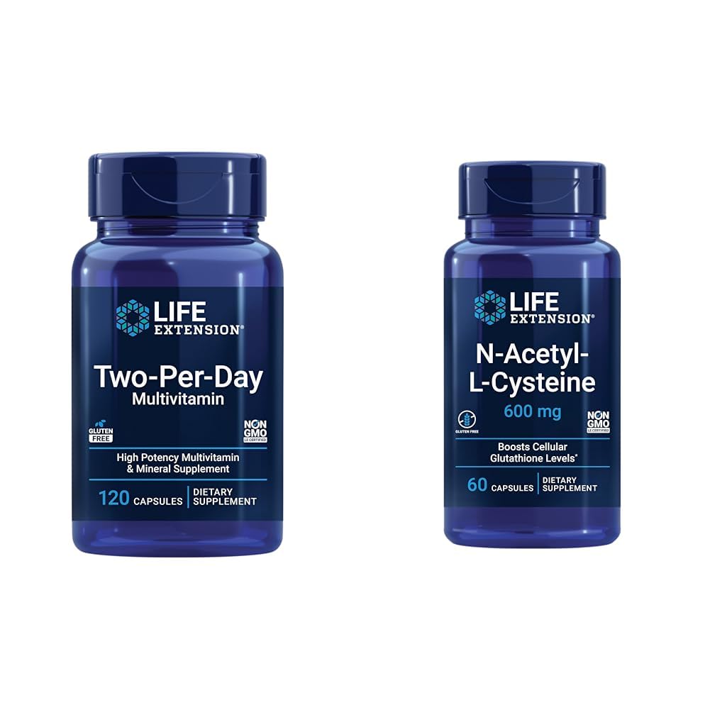 Elu pikendamine Kahepäevane multivitamiin, vitamiinid B, C, D, tsink, 25 vitamiinid, mineraalid ja ekstraktid, 120 kapslit N-atsetüül-L-tsüsteiiniga (NAC) 600 mg, 60 kapslit