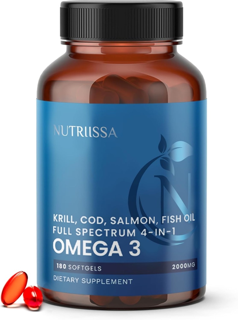 Nutriissa Full Spectrum Omega-3 - 2000 mg õlisegu (Krill, Cod & Salmon Oil) - 1175 mg Omega-3s (EPA, DHA & DPA) - EPEB sertifitseeritud, 3-kuuline varustus - süda, aju ja ühine tugi - 180 halal Softgels