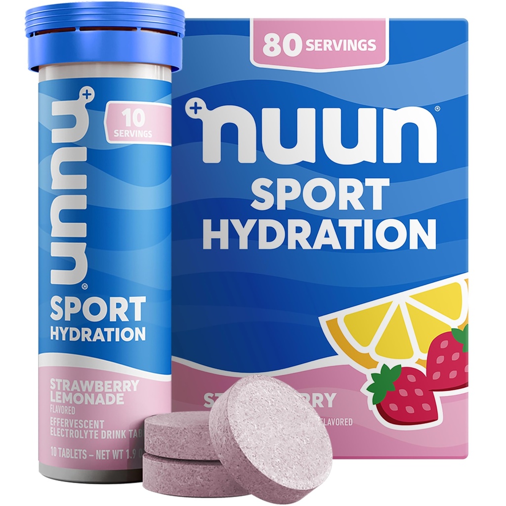 Nuun Sport elektrolüüt tabletid magneesiumi, kaltsiumi, kaaliumi, kloriidi ja naatriumi, gluteenivaba ja vegan, maasikalemonaadi, 8 pakendit (80 Servings Total)