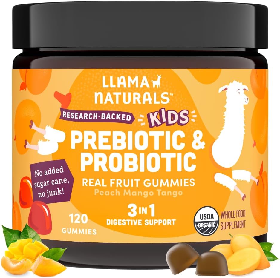 Llama Naturals Kids Probiootikumid Prebiootikumidega Kiud, Vegan, Orgaanilised Prebiootikumid Ja Probiootikumid Gummies Soolestiku Tervise Tugi, Väikelaste Real Fruit Gummy Vitamiinid, Ei Lisatud Suhkruroog, Virsiku Mango, 120 Ct
