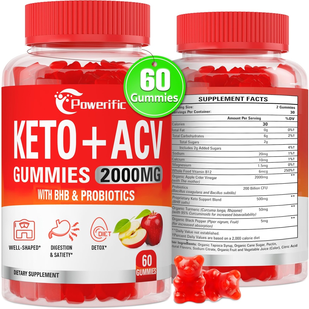 Õunasiidri äädikakummid, Keto ACV Gummies Max Tugevus 2000mg Õunasiidri äädikas emaga, probiootikumid ja vitamiin B12, seedimine, ainevahetus, puhastamine ja detox dieet, 60 Count