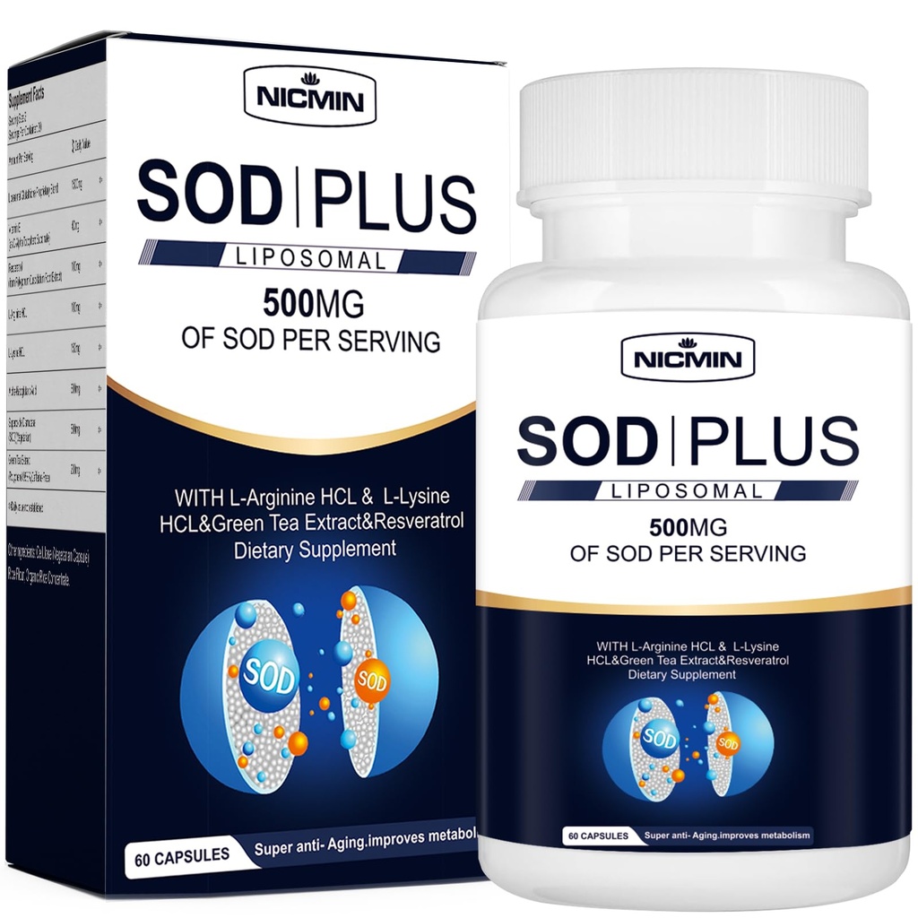 Superoksiid Dismutase Supplement 500mg - SOD Plus koos liposomaalse glutatiooniga, AKG-ga, rohelise tee ekstraktiga, L-arginiin, lüsiin, resveratrool ja E-vitamiin immuunsuse toetamiseks, antioksüdant 60 kapslit