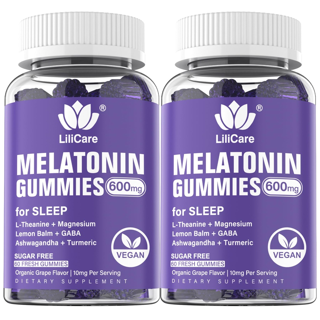 Melatoniin 20mg Gummies täiskasvanutele (2 pakendit) Täiendav tugevus L-Theanine, Ashwagandha, Magneesium, Kurkum, GABA, Sidrun Balm ja kummel toetab tervislikku Circadian Rhythm, viinamarjamaitse