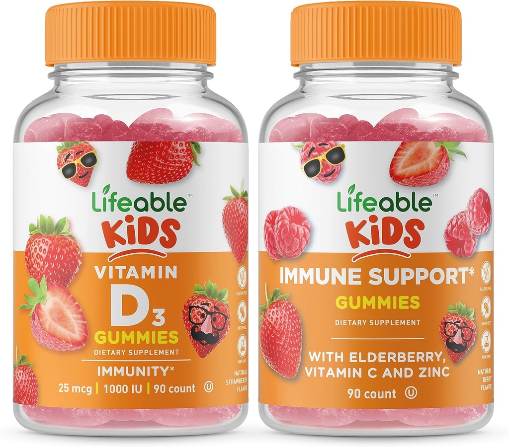 Elujõuline D-vitamiini lapsed + immuunsuse tugi lapsed, Gummies Bundle - suurepärane maitse, vitamiinilisand, Gluteenivaba, GMO-vaba, närimiskumm