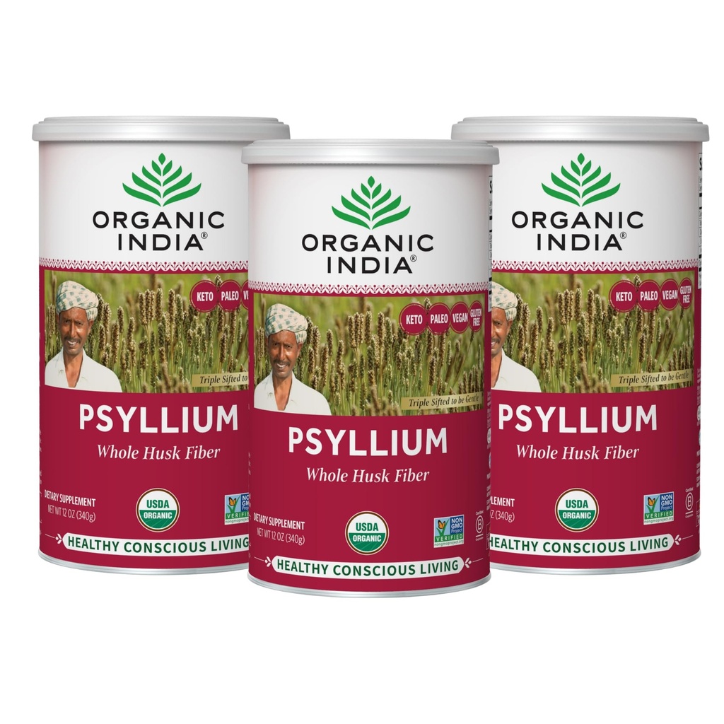 ORGAANILINE INDIA Psyllium Taimne pulber - Terve kooriku kiudaine lisand, seedimistoetus, vegan, gluteenivaba, USDA sertifitseeritud orgaaniline, mitte-GMO, lahustuv ja lahustumatu kiudallikas - 12 oz (3 pakk)