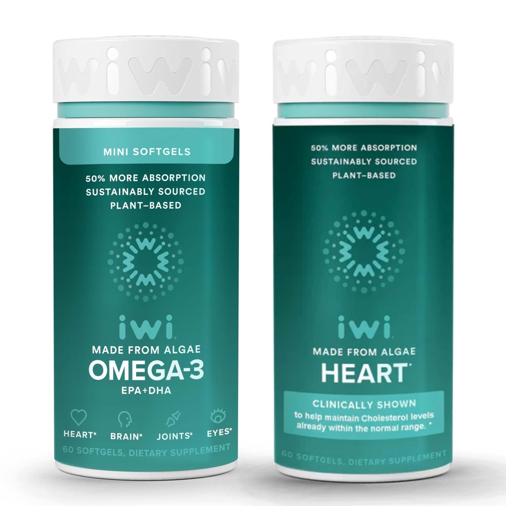 Iwi Omega-3 Minis & Heart Omega-3 Bundle, 30 Servings, Vegan Plant-Based vetikad Omega 3, Krill & Fish Oil Alternative, No Fishy Aftertaste