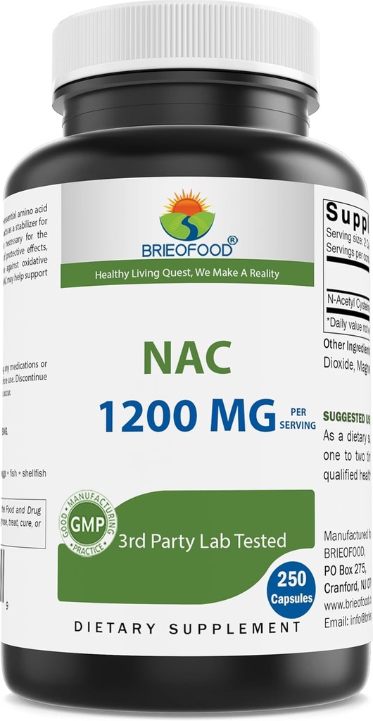 Brieofood NAC Supplement N-Acetyl Cysteine 1200 mg per Serving 250 kapslit - Immune Support Supplement