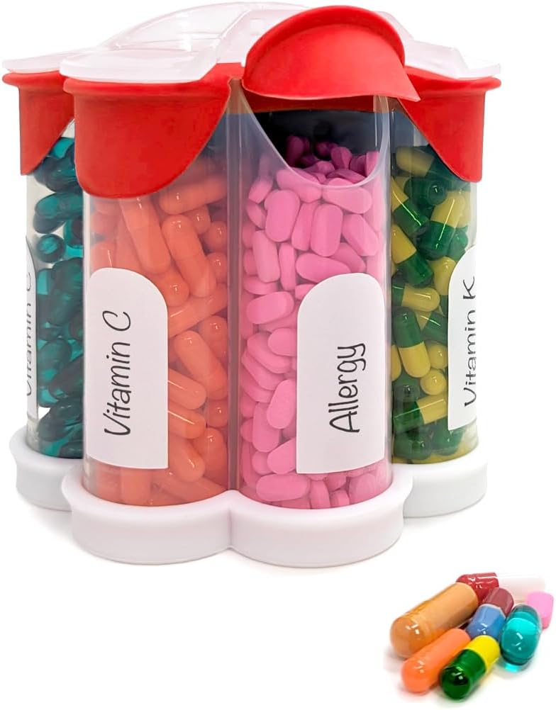Ekstra suur Pill Korraldaja Daily, Weekly, Monthly Supplement Pudel, Cute Blossom Pill Dispenser 7 XL koosseisud, Lihtne avatud Pill Box vitamiine, ravimeid, etiketid kaasas (punane)
