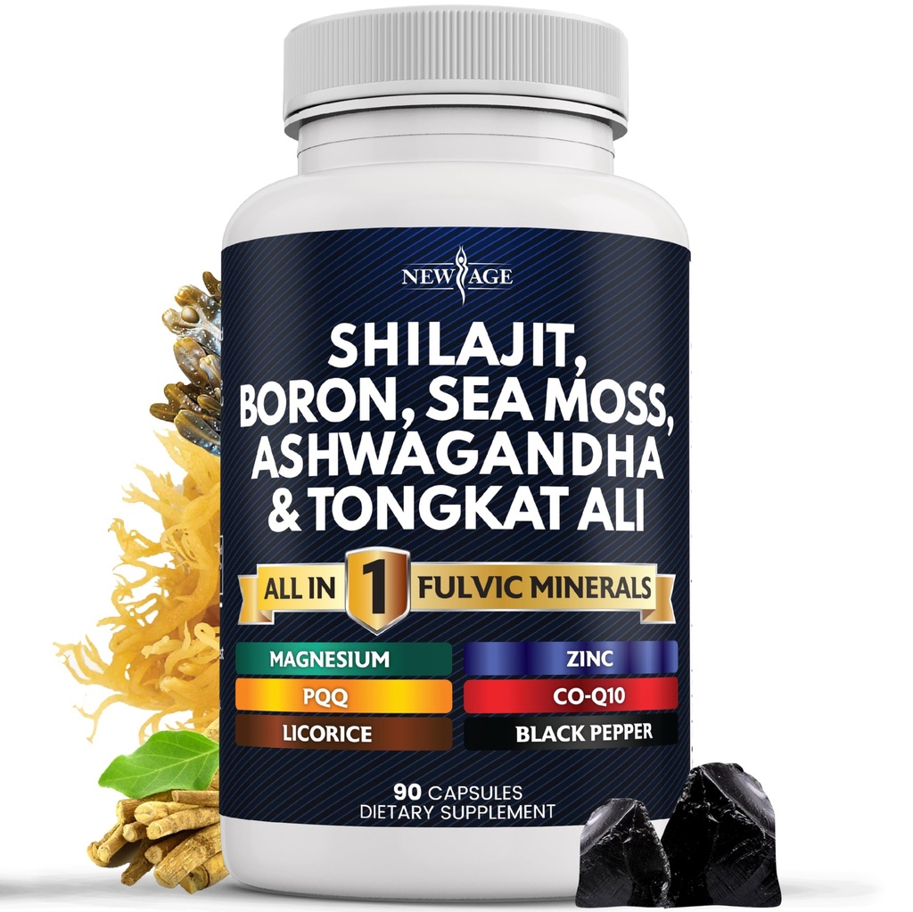 NEW AGE Shilajit täiendada Sea Moss, Ashwagandha, Tongkat Ali, Boron, Magneesium - Fulvic Acid kapslid meestele - 90 Count