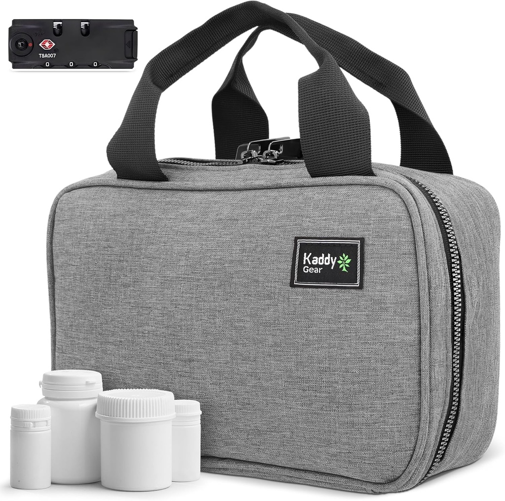 Kaddy Secure Pill Organizer Box, Hoidla pudel ravimit või toidulisandeid; Tualett; Travel või Home, TSA Approved Lock (Grey)