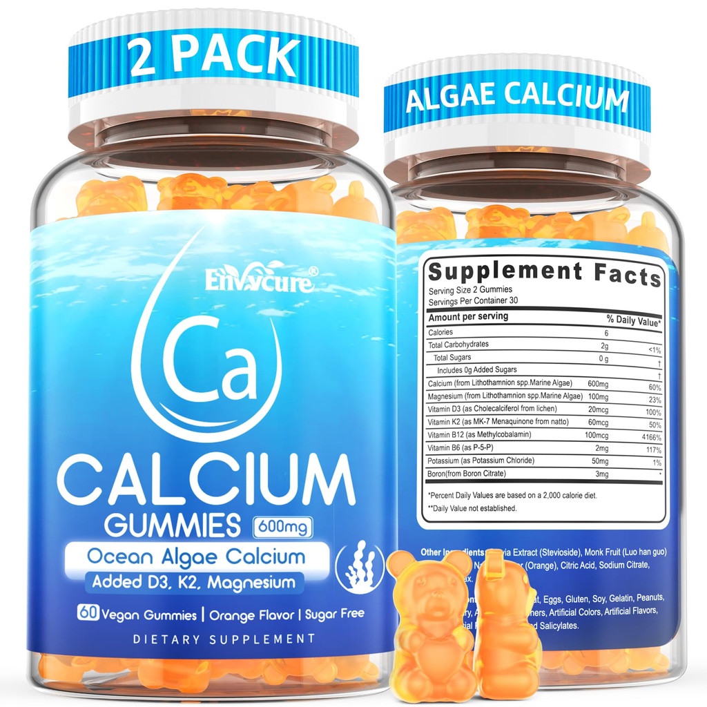 Kaltsiumkummid 600mg - kaltsiumlisand naistele, ookeanivetikate kaltsium | D3-vitamiin, K2, magneesium | luu tugevuseks, lihasteks ja immuunsuseks | Jätkusuutlikult hangitud vetikakaltsium, 70+ mineraal, Vegan, 2PACK