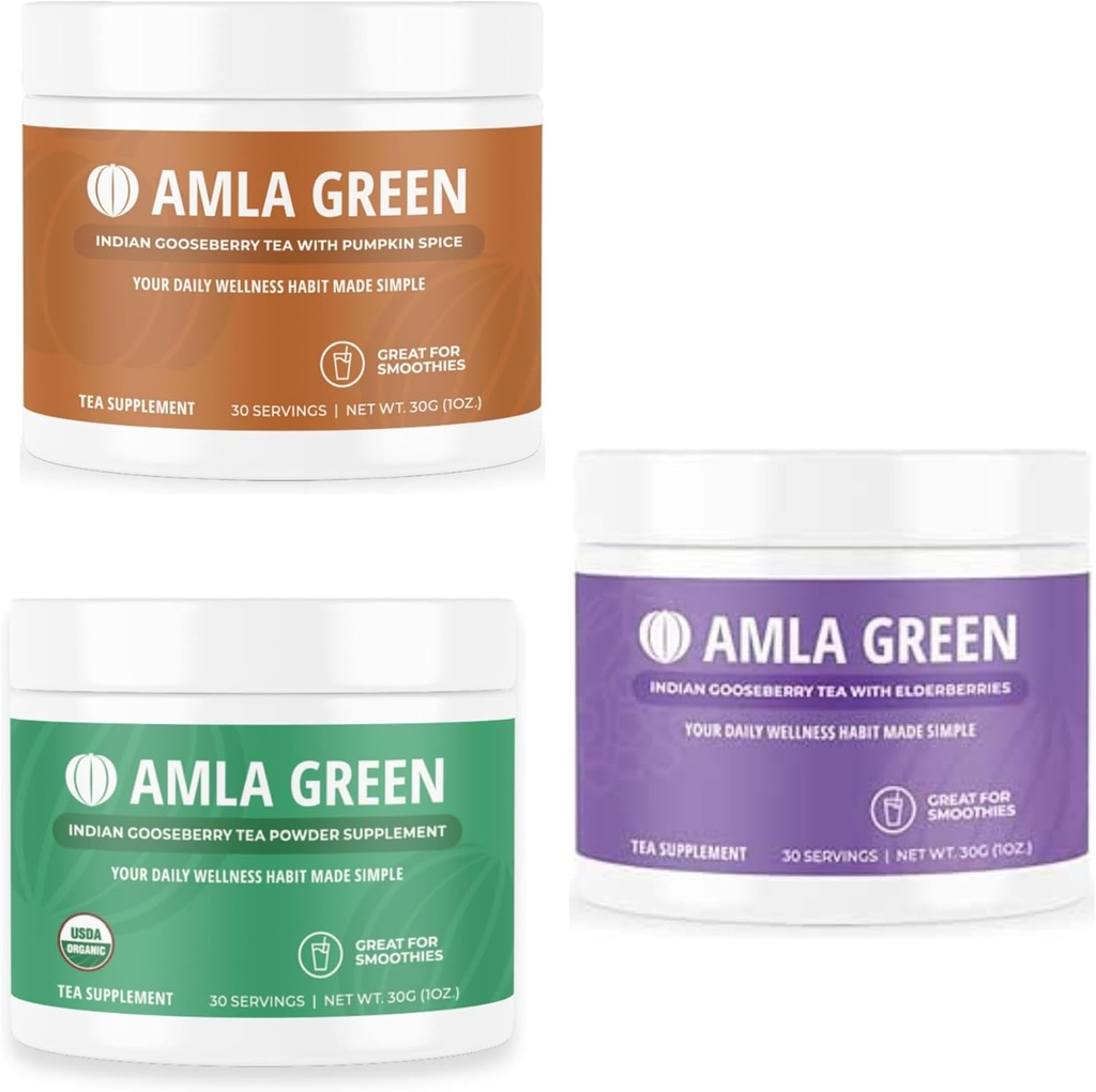 Amla Powder, Green Tea Superfood Supplement koos Kõrvitsa Vürts ja India karusmarjad & Elderberry, Organic, Vegan, 30 Servings