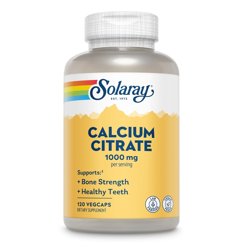 Solaray Calcium Citrate 1000mg - Kelate Calcium Supplement - Toetab Luu tugevust ja tervislikke hambaid - Lihtne seedida - 60-päevane garantii, Vegan - 30 Servings, 120 VegCaps