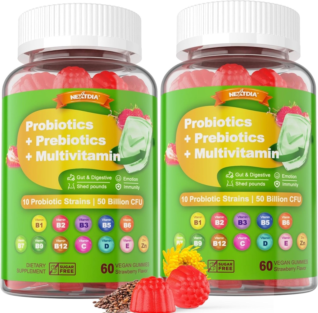 Vegan probiootikumid Gummies for Women & Men - Fiber Prebiootikumid Toidulisandid | 50 miljardit CFU Probiootikumid, Inuliin, Psyllium Husk & Multivitamiin soolestikule, seedimine ja immuuntervisele,2 Pack