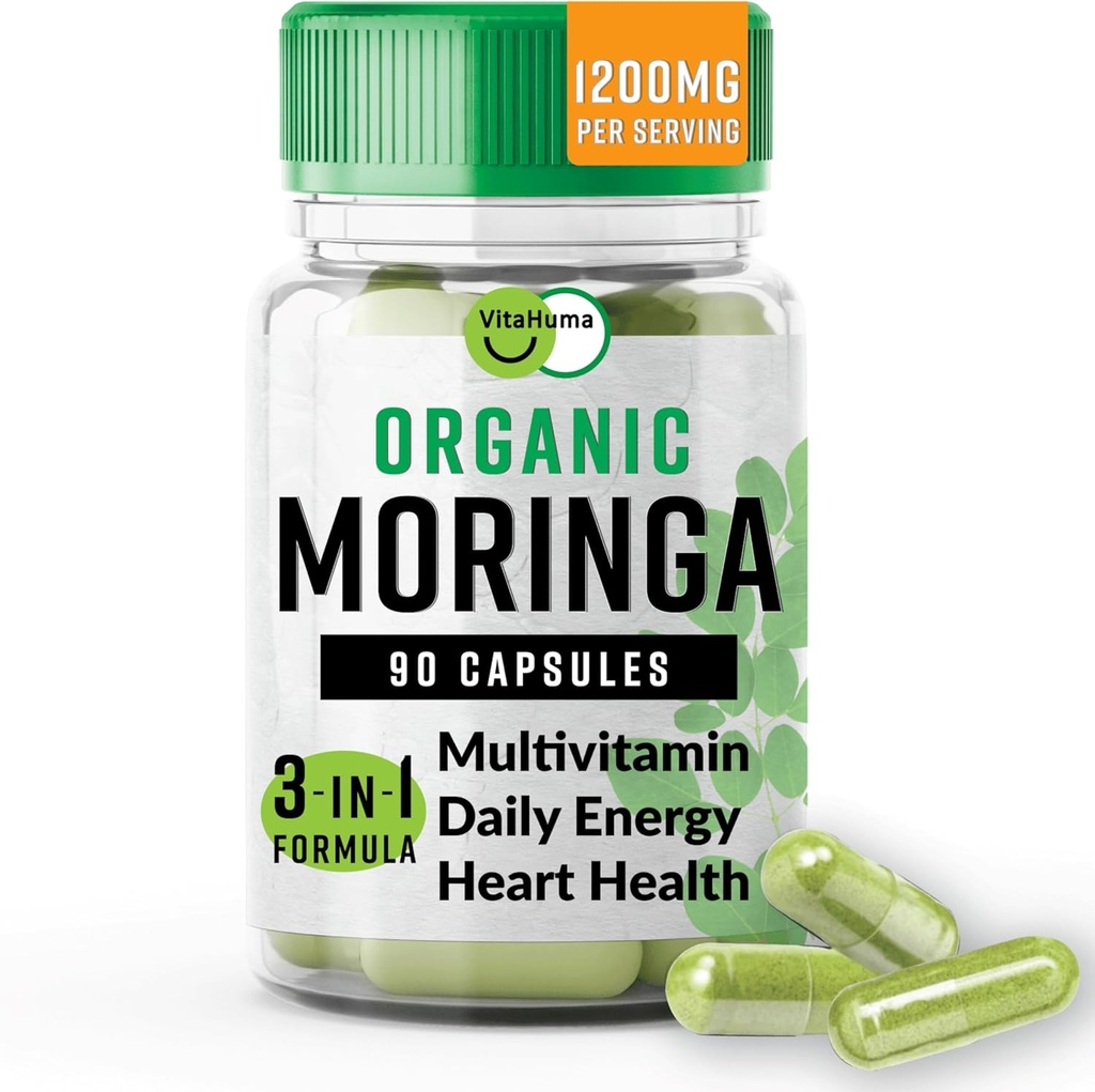 Orgaaniline moringa, toitainete deense antioksüdandi tugi C-vitamiini, A, E, kaltsiumi, kaaliumi, raua, magneesiumi, valgu ja aminohapetega hüdratsiooniks ja energiaks, vegan, 1200 MG Serving, 90 CT