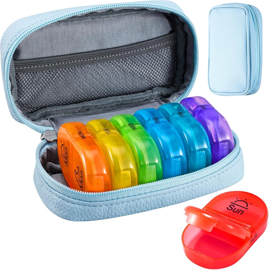 Serfeymi Weekly Travel Pill Korraldaja 2 korda päevas PM Täiustatud Vikerkaar Pill Box 7 päeva kaasaskantav Zipper PU Nahk pillid juhul, meditsiin Korraldaja pillid, vitamiinid, kalaõlid - Blue 01