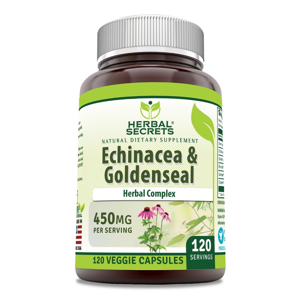 Taimsed saladused Echinacea & Goldenseal Root Supplement | 450 Mg per Serving | Veggie kapslid | Mitte-GMO | Gluteenivaba | Valmistatud USAs (120 Count)