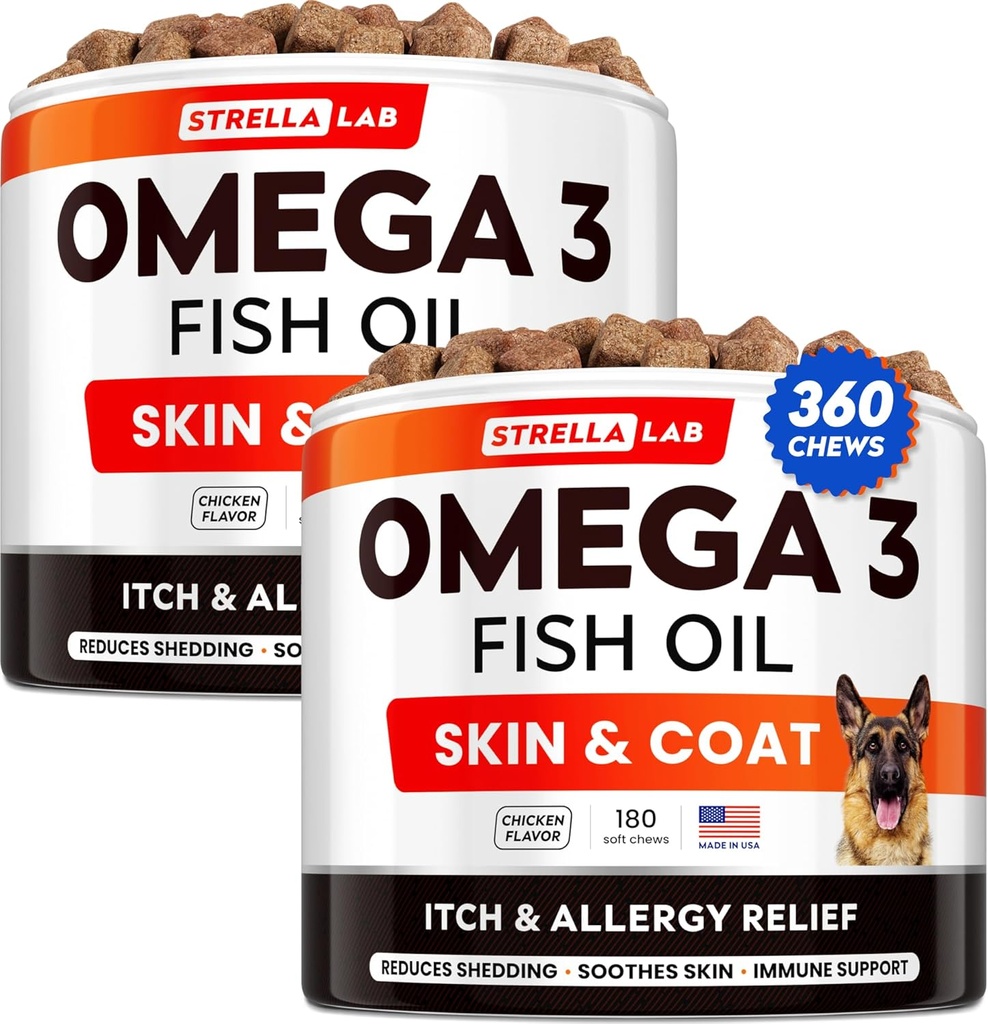 STRELLALAB Omega 3 koertele - (360Ct) Kalaõli ravi - Allergia & Itch Relief Naha & Coat Supplement - Kuiv sügelev nahk, Anti Shedding & Hot Spots ravi - Lemmikloomade lõhe õli närib - kana maitse
