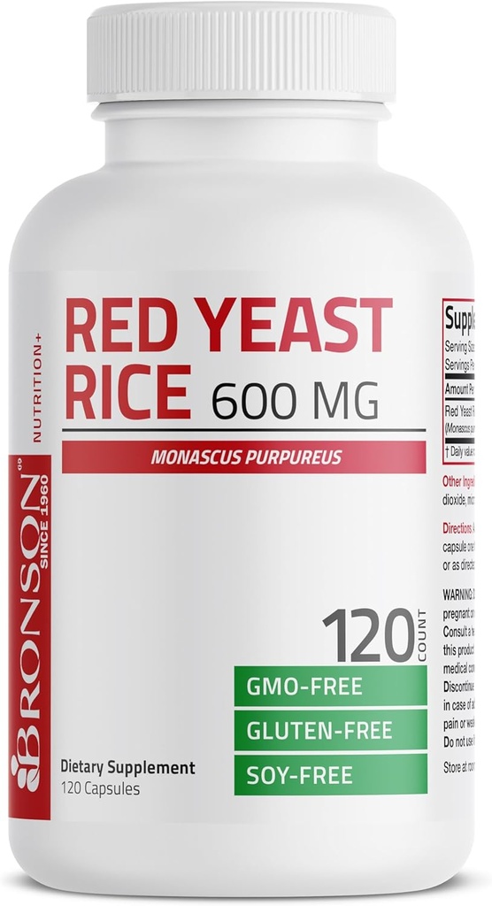 Bronson Red Pärm Riis 600 MG Monascus Purpureus Taimne tervis, Non-GMO, 120 kapslit