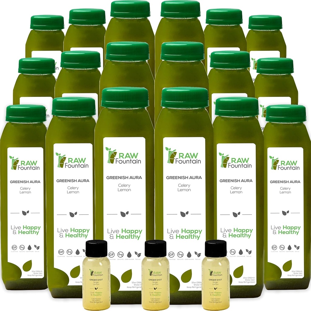 Sellerimahla puhastamine toores purskkaev, kõik looduslikud toored, külmpressitud mahlad, Morning Detox Cleanse, 30 pudelit 12oz, 5 boonus Ginger Shots