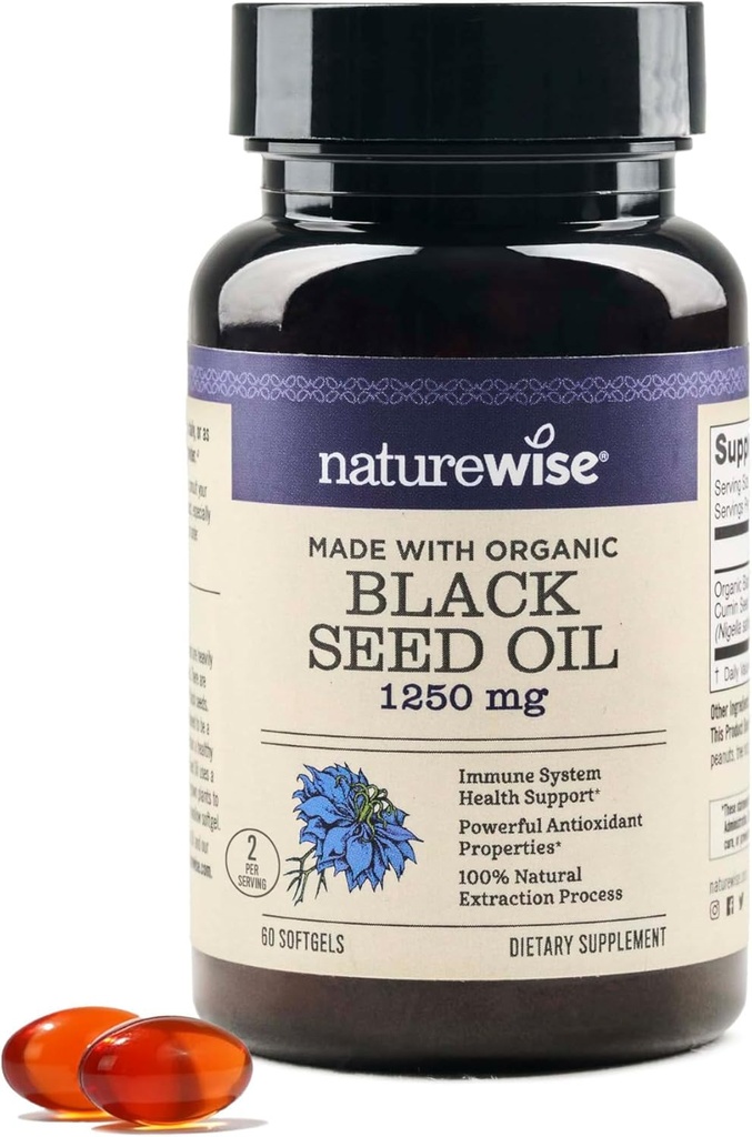 NatureWise Black Seed Oil Softgels 1250 mg - 100% orgaanilise külma pressitud Nigella Sativa - Omega 3 6 9 - Antioksüdant immuuntoetus, juuksed ja nahk - mitte-GMO, gluteenivaba - 60 Softgels[1-kuu tarne]