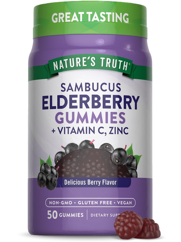 Nature's Truth Black Elderberry Gummies | 50 Vegan Gummies | C-vitamiini ja tsingiga | Berry Flavor | Vegan, mitte-GMO ja gluteenivaba toidulisand