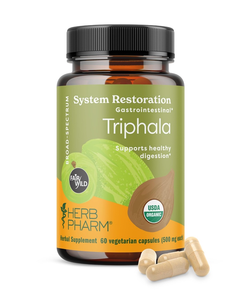 Herb Pharm USDA orgaaniline Triphala kapslid | puhastus- ja detoksifitseerimistoetus ja seedetrakti tervisetoetus Amla, Haritaki & Bibhitaki, FAIRWILD® sertifitseeritud | 60 vegankapslit, kuni 30 päeva pakkumine *