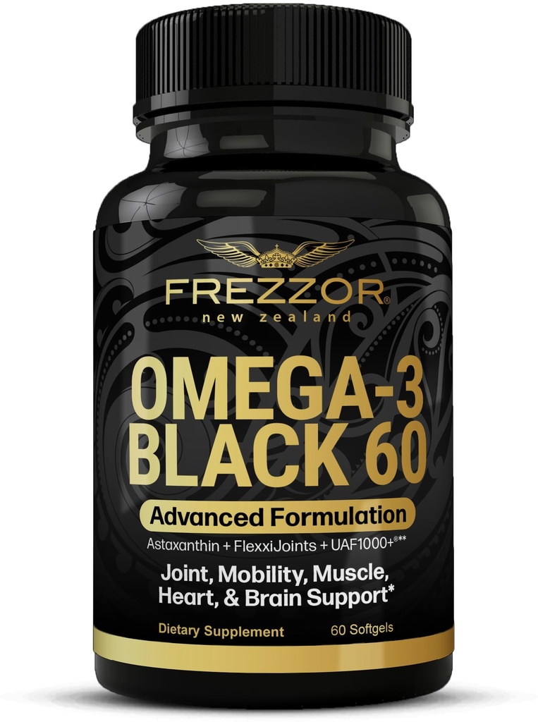 FREZZOR Omega 3 Must liigesehoolduseks ja mugavuseks - Uus-Meremaa roheline libistatud rannakarbiõli kapslid; 53x suurem tugevus UAF1000+ superantioksüdandiga, ilma kalalise järelmaitseta, 1-pakk, 60 Softgels